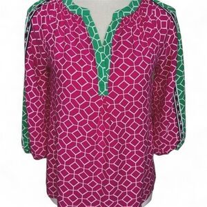 Crown & Ivy Boho Pink & Green Geo Print Popover Tunic Top Smocked V-neck Sz XS